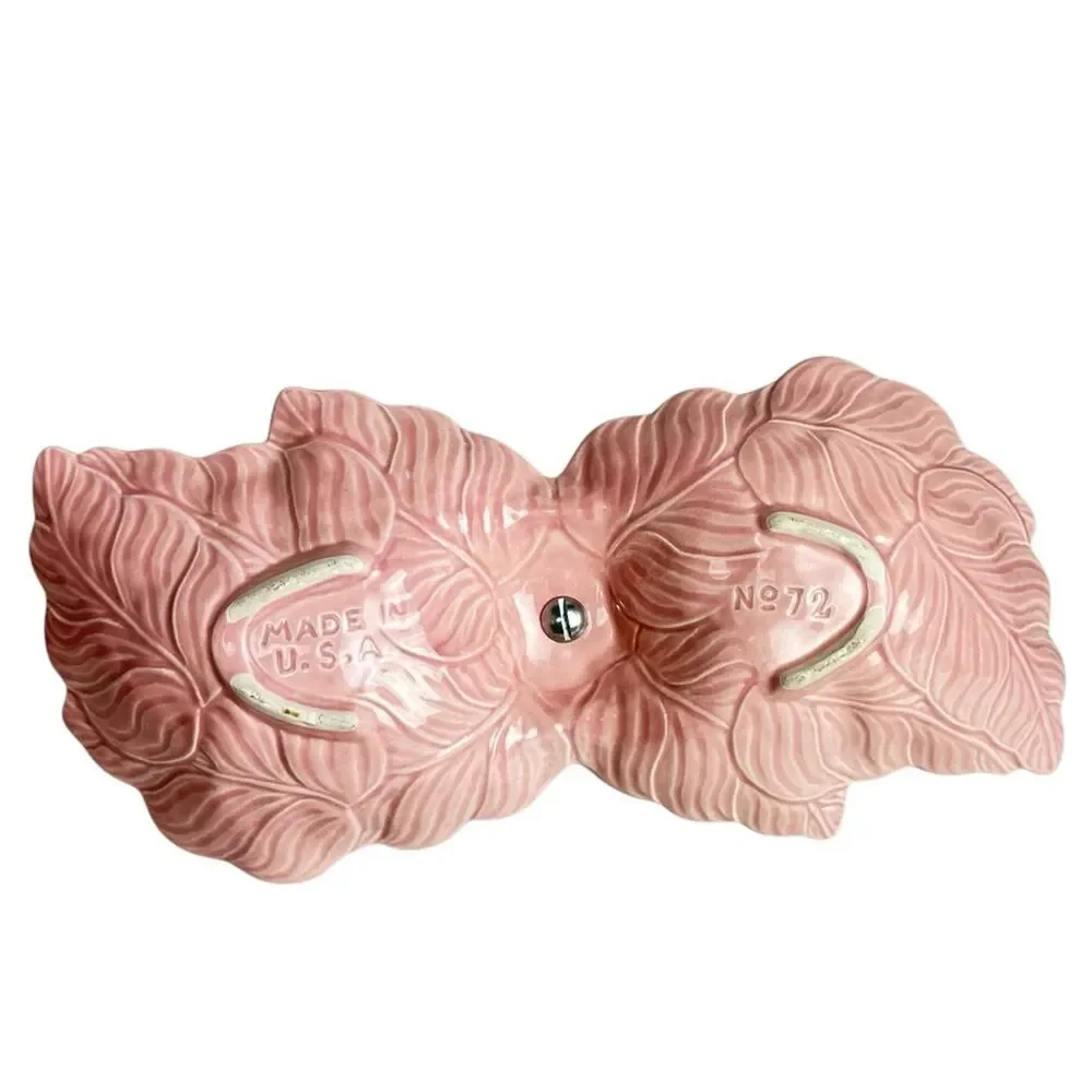 VTG MCM USA Candy Nut Dish Pink Pottery Leaves Handled Divided No 72